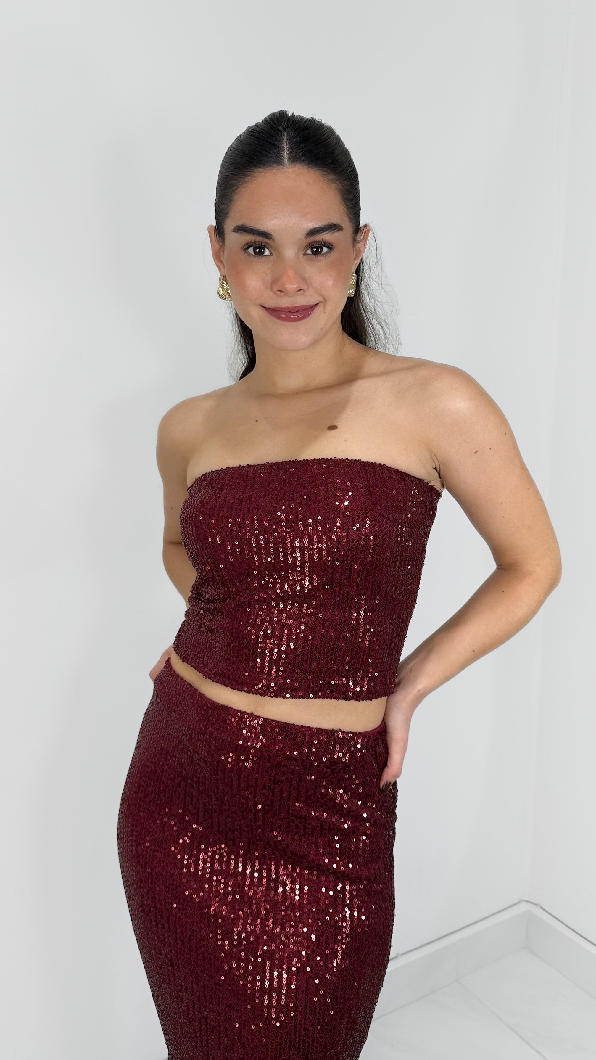 TOP STRAPLESS SEQUIN BURGUNDY