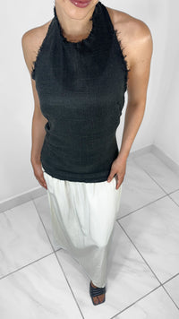 VESTIDO MIDI TOP HALTER Y FALDA FRUNCIDA