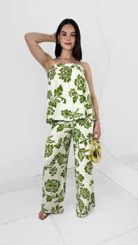 CONJUNTO WIDE LEG & BLUSA STRAPLESS FLOREADA VERDE