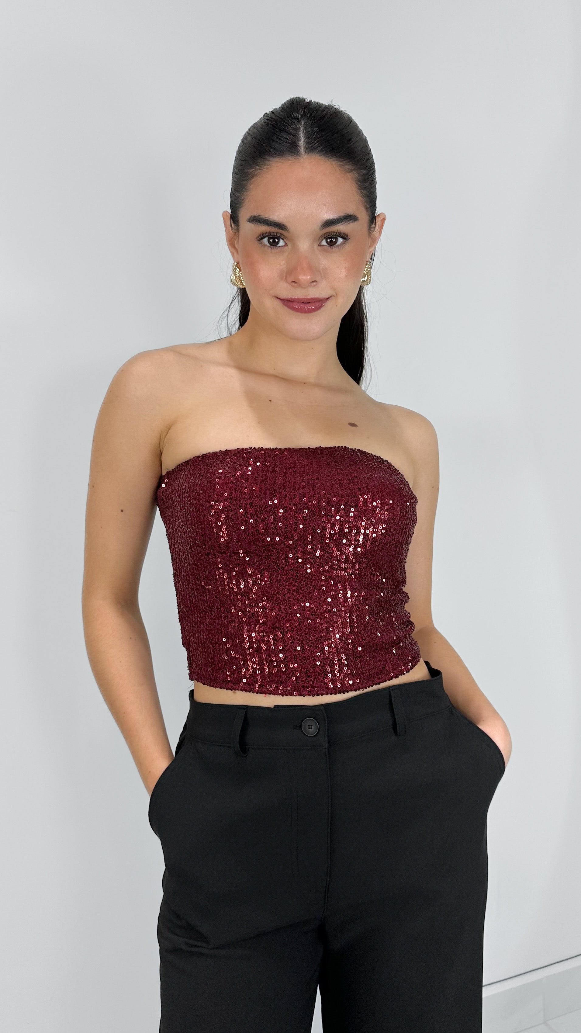 TOP STRAPLESS SEQUIN BURGUNDY