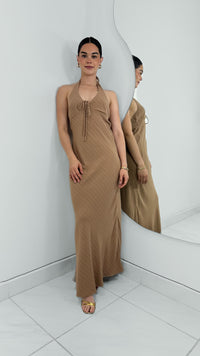 VESTIDO HALTER DE LINO RAYADO MOCHA