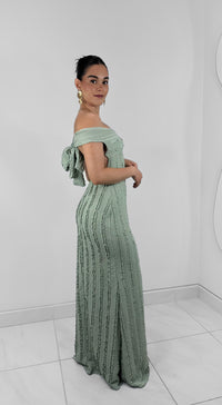 VESTIDO LARGO SIN HOMBROS VERDE MENTA TEXTURAS