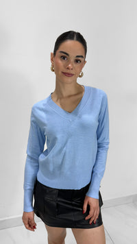 SUETER MANGA LARGA CUELLO V AZUL