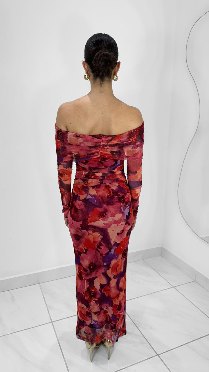 VESTIDO LARGO FLORAL MANGA LARGA OFF SHOULDER