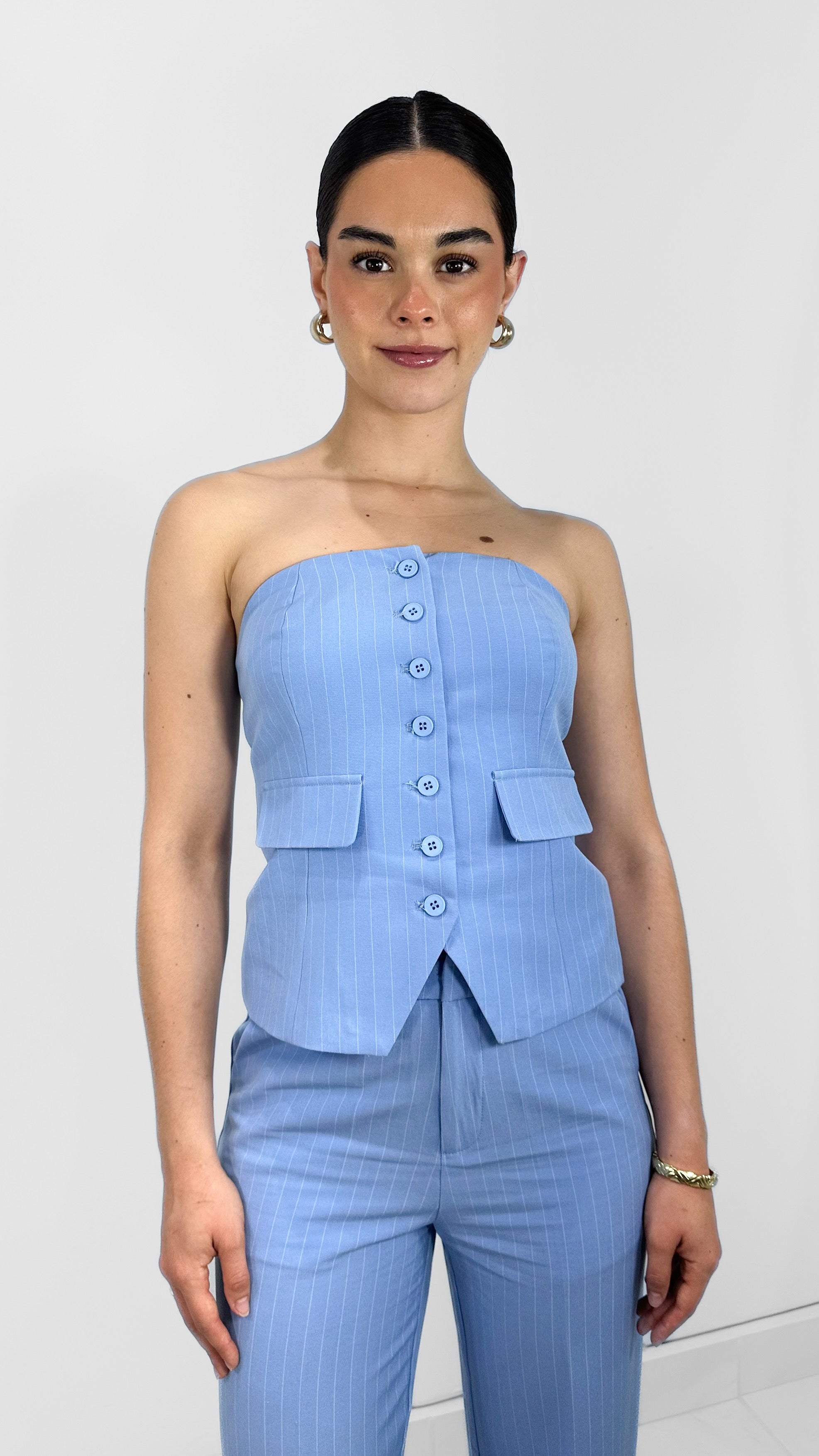 BLUSA STRAPLESS EFECTO SASTRE RAYADO BABY BLUE