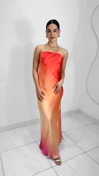 VESTIDO LARGO STRAPLESS SATIN BICOLOR NARANJA