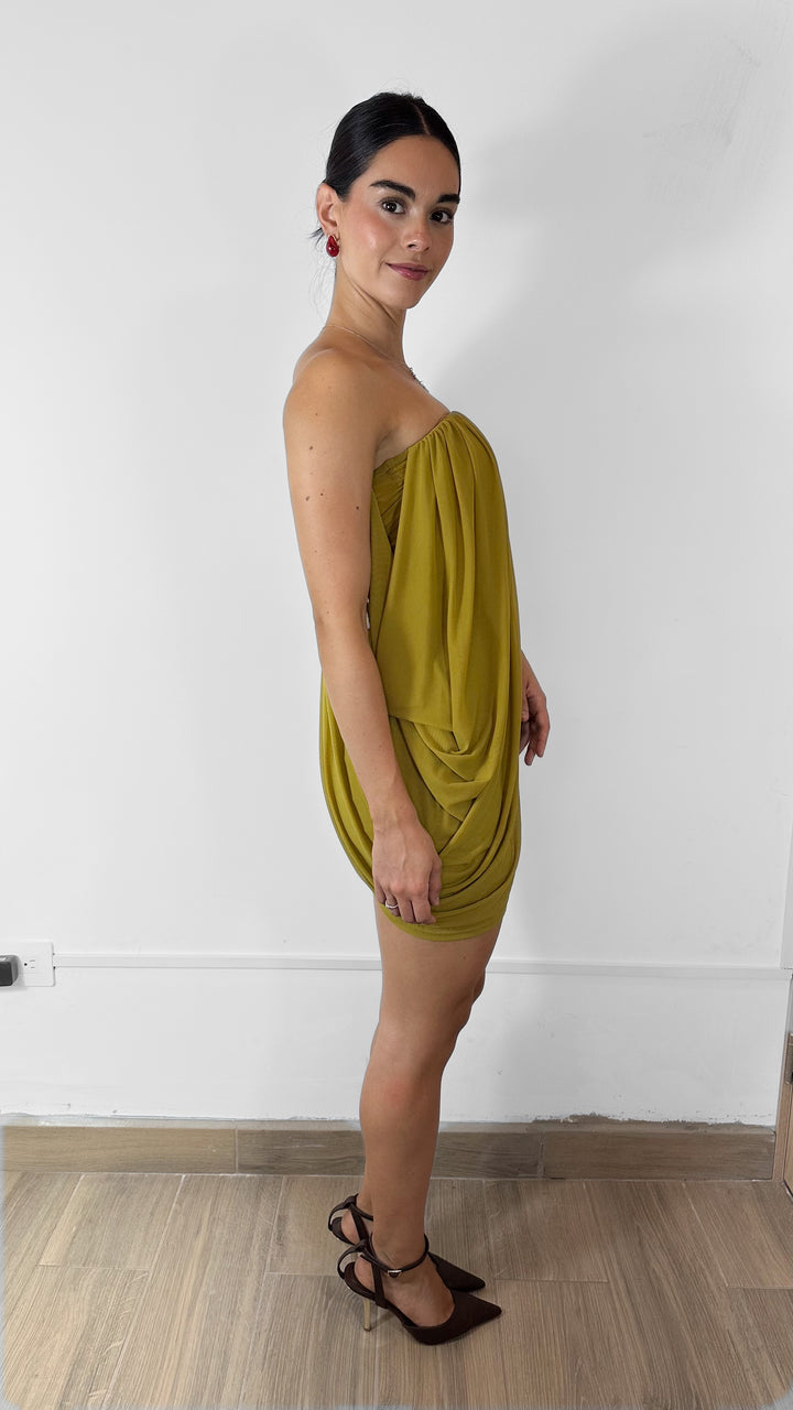 VESTIDO DRAPEADO MOSTAZA