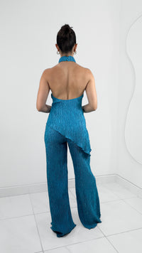CONJUNTO MAXI BLUSA HALTER & PANTALÓN WIDE LEG AZUL CELESTE