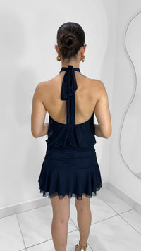 VESTIDO CORTO HALTER DRAPEADO NAVY