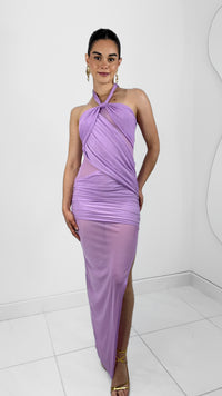 VESTIDO MIDI HALTER MESH DRAPEADO LAVANDA
