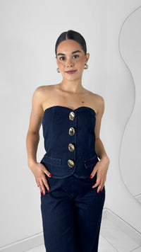 BLUSA DENIM STRAPLESS BOTONES DORADOS
