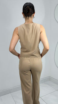 B STRIPED HIGH WAISTED PANTS - KHAKI