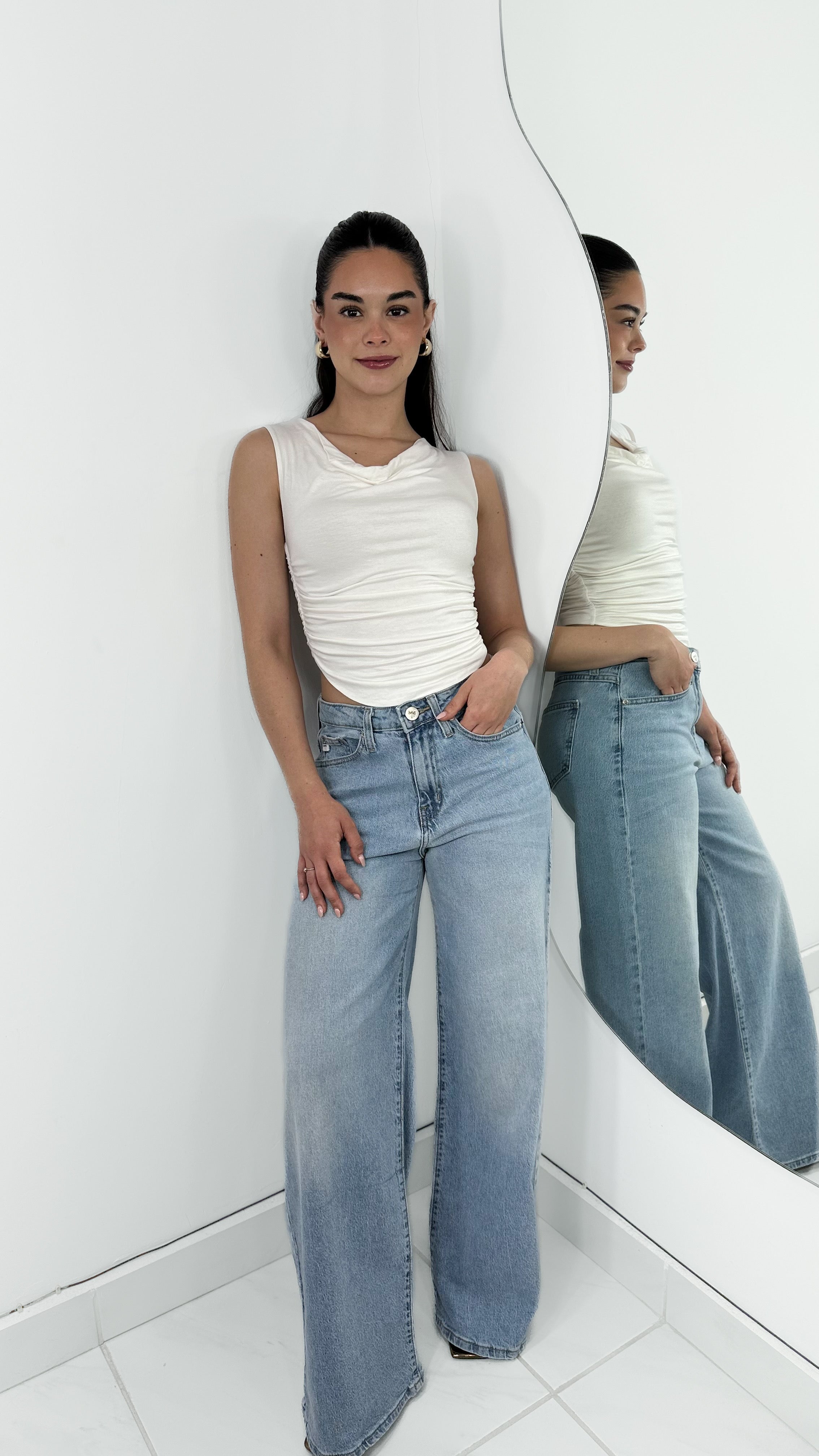 BLUSA DRAPEADA DOBLE TELA TIRANTE GRUESO BLANCA