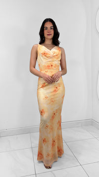 VESTIDO LARGO DRAPEADO MESH NARANJA FLOREADO