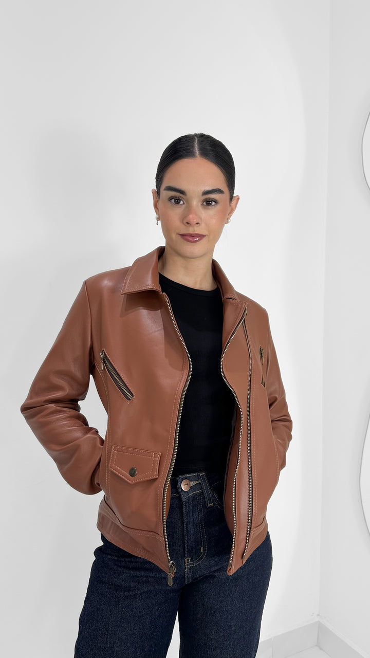 CHAMARRA DE PIEL GENUINA CAFÉ CAMELLO