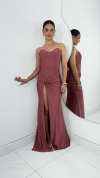 VESTIDO LARGO SATINADO EFECTO CORSET ABERTURA PIERNA - ROSA