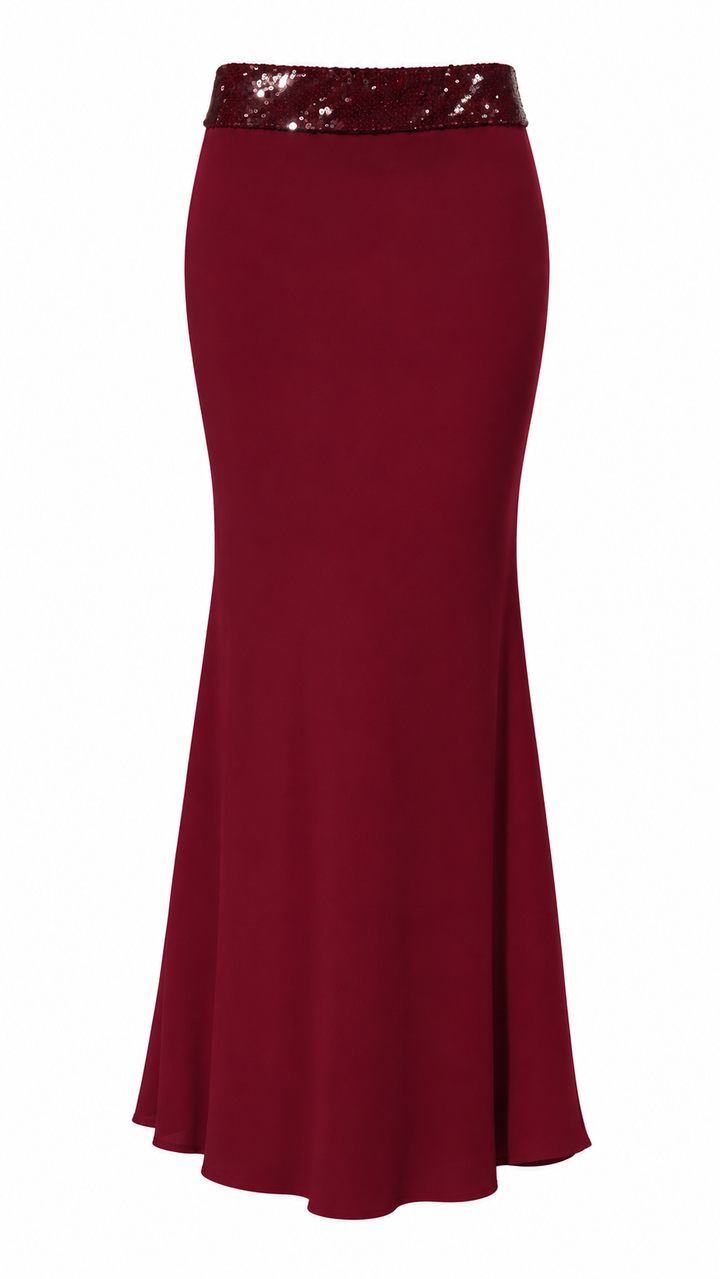 FALDA MAXI DE PUNTO CON CINTURA DE LENTEJUELAS BURGUNDY