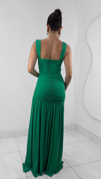 VESTIDO LARGO DOBLE TELA DRAPEADO TIRANTES VERDE