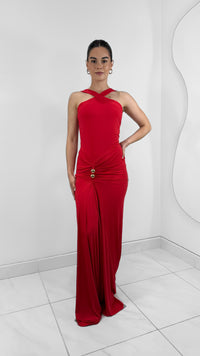 VESTIDO LARGO HALTER CRUZADO CON DETALLES DORADOS ROJO