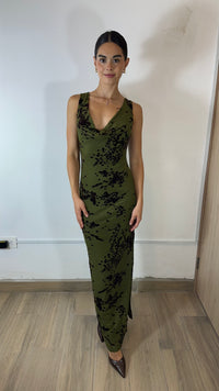VESTIDO LARGO OLIVO CON CAFÉ