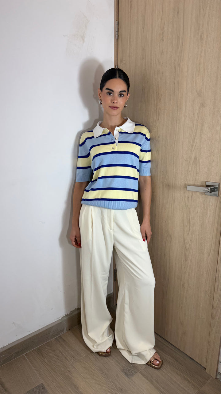 T-SHIRT STRIPPED CUELLO V AZUL