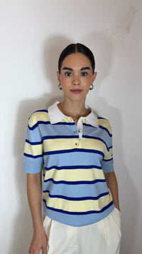 T-SHIRT STRIPPED CUELLO V AZUL