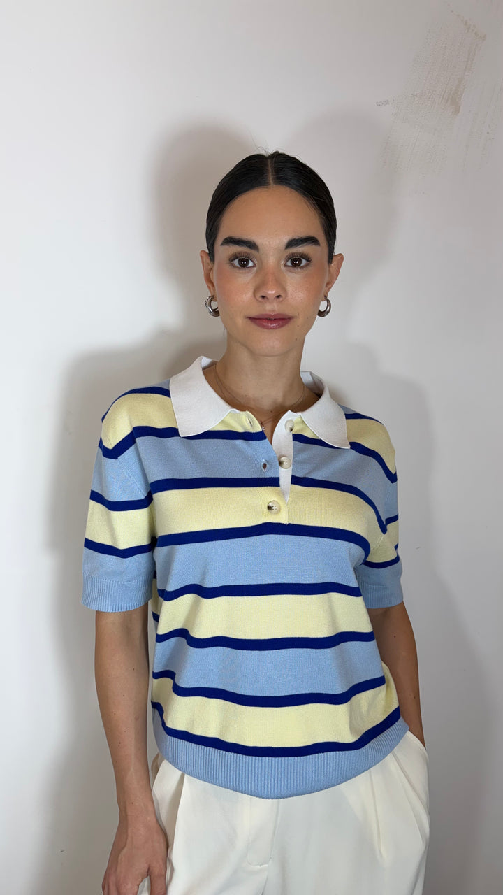 T-SHIRT STRIPPED CUELLO V AZUL