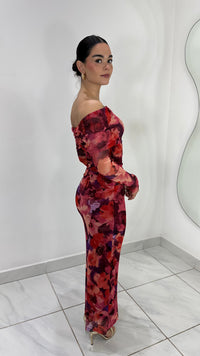 VESTIDO LARGO FLORAL MANGA LARGA OFF SHOULDER