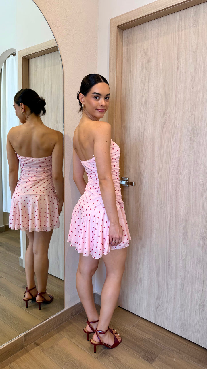 VESTIDO CORTO STRAPLESS POLKA ROSA