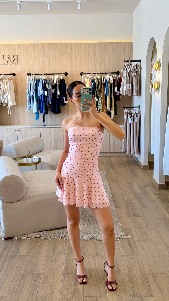 VESTIDO CORTO STRAPLESS POLKA ROSA
