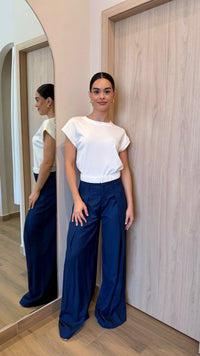 PANTALÓN FORMAL WIDE LEG NAVY DE RAYAS