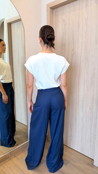 PANTALÓN FORMAL WIDE LEG NAVY DE RAYAS