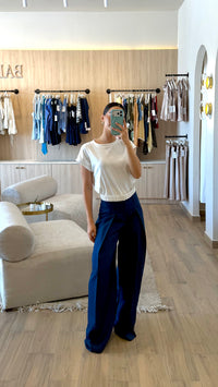 PANTALÓN FORMAL WIDE LEG NAVY DE RAYAS