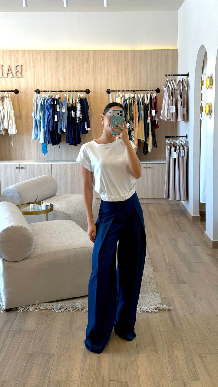 PANTALÓN FORMAL WIDE LEG NAVY DE RAYAS