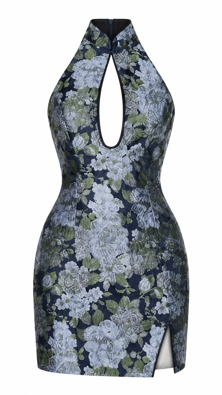 VESTIDO CORTO AZUL ESTILO MANDARÍN