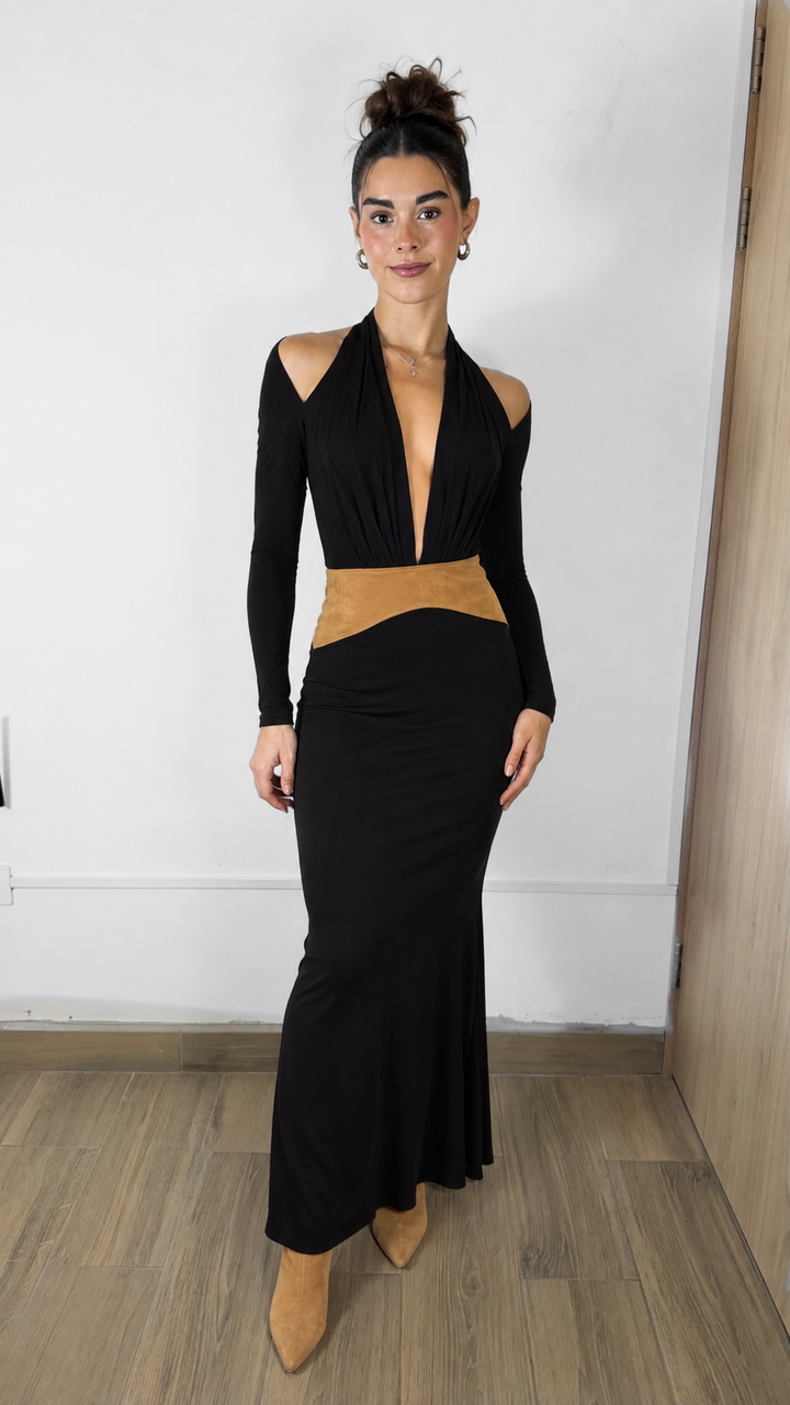VESTIDO NEGRO LARGO MANGA LARGA CON SUEDE