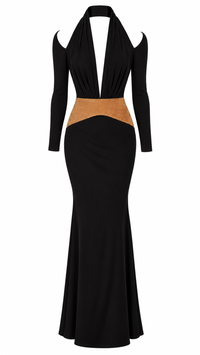 VESTIDO NEGRO LARGO MANGA LARGA CON SUEDE