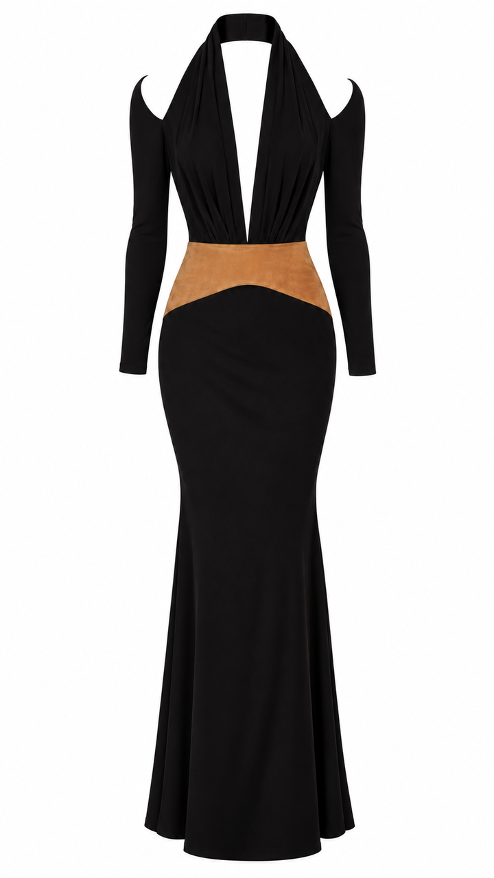 VESTIDO NEGRO LARGO MANGA LARGA CON SUEDE