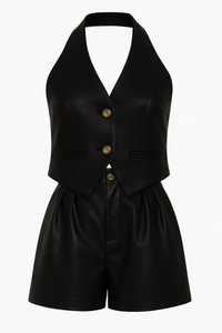 CONJUNTO DE CHALECO Y HIGH WAISTED SHORT DE PIEL NEGRO