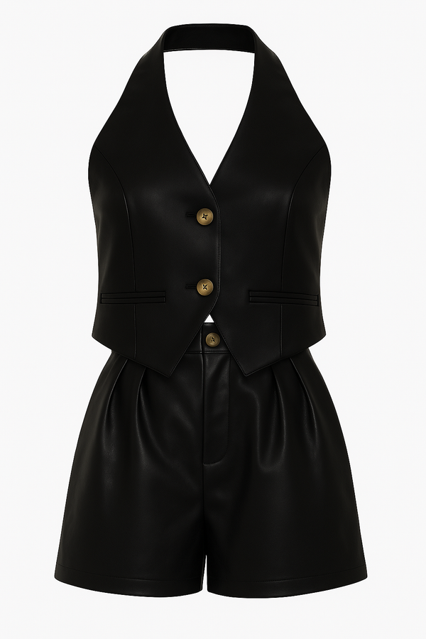 CONJUNTO DE CHALECO Y HIGH WAISTED SHORT DE PIEL NEGRO