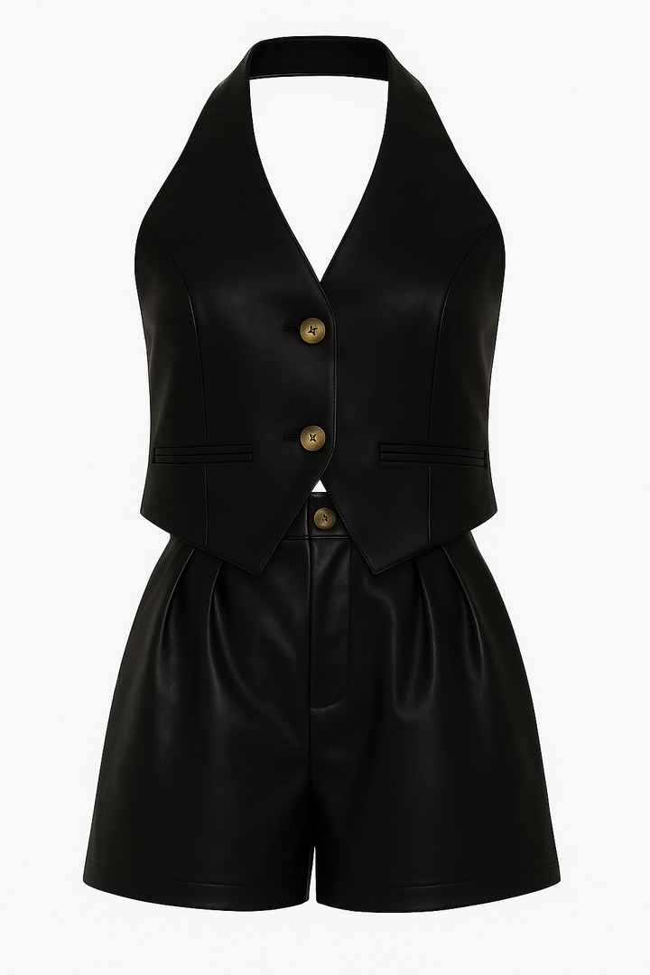 CONJUNTO DE CHALECO Y HIGH WAISTED SHORT DE PIEL NEGRO