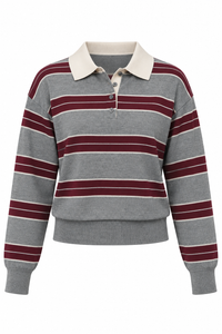 POLO MANGA LARGA DE RAYAS GRIS CON VINO
