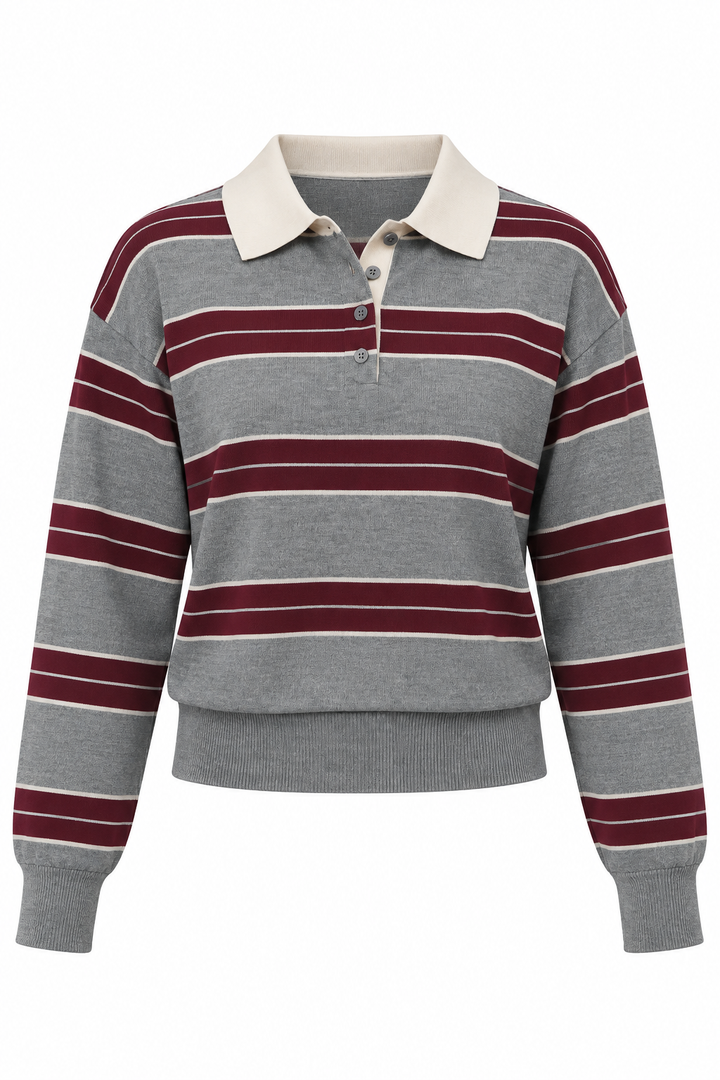 POLO MANGA LARGA DE RAYAS GRIS CON VINO