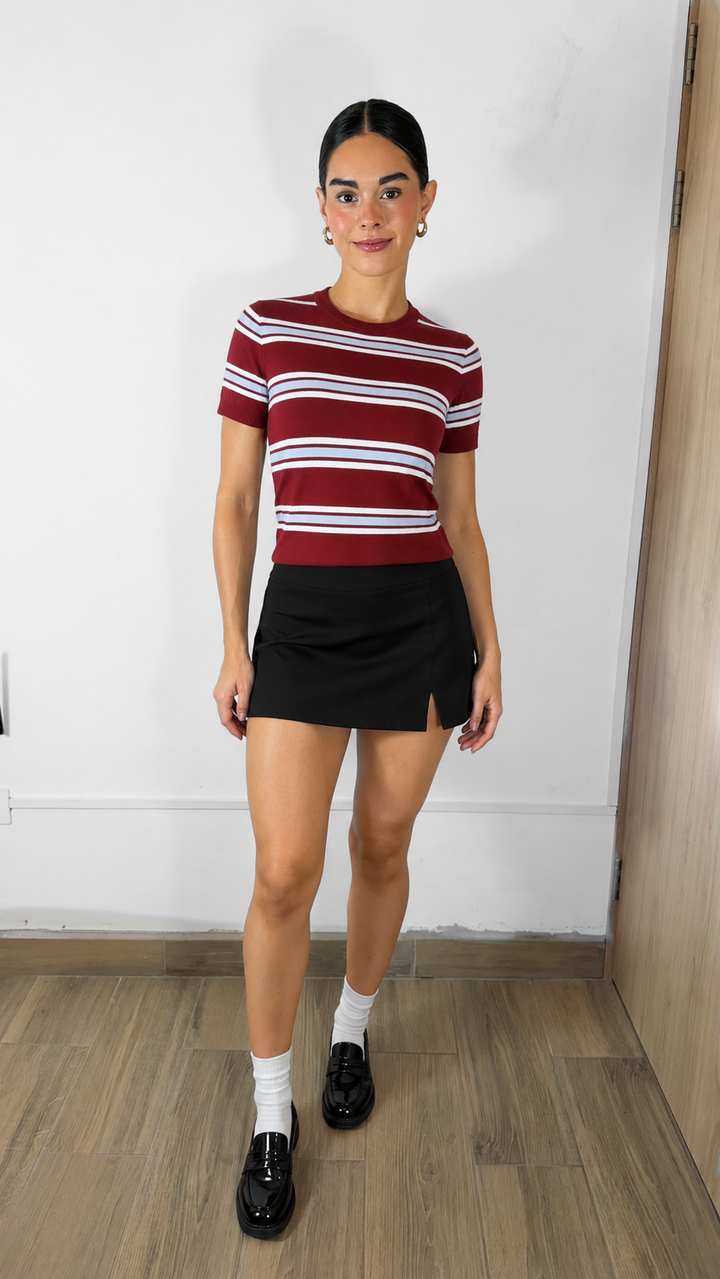 T-SHIRT STRIPPED KNITTED VINO CON BLANCO