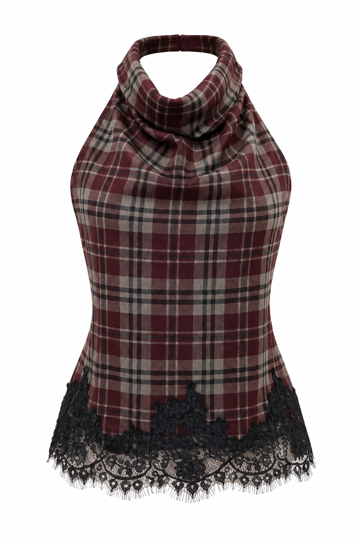 TOP DE CUADROS CAFÉ CON ENCAJE HALTER