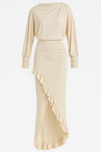 VESTIDO MAXI ASIMÉTRICO CON ESCOTE EN ESPALDA Y VOLANTES