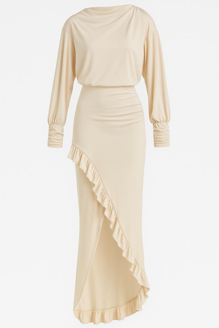 VESTIDO MAXI ASIMÉTRICO CON ESCOTE EN ESPALDA Y VOLANTES