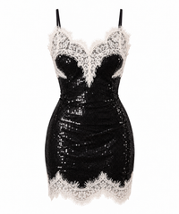 VESTIDO CORTO NEGRO DE LENTEJUELAS CON ENCAJE