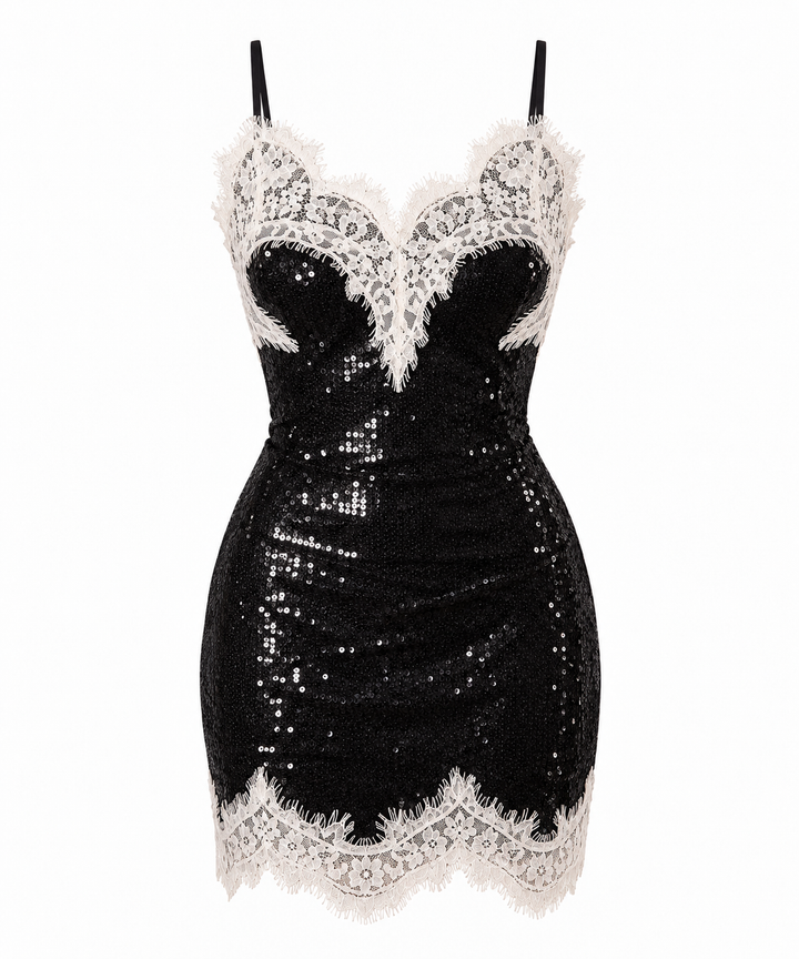 VESTIDO CORTO NEGRO DE LENTEJUELAS CON ENCAJE