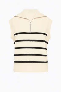 SUÉTER SIN MANGAS DE RAYAS CON CIERRE AL FRENTE BLANCO CON NEGRO
